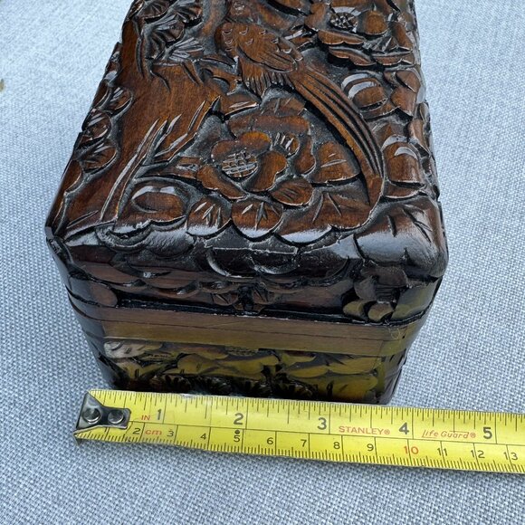 Vintage Carved Wooden Jewelry Trinket Box Floral and Bird Brown Red Lining - Picture 8 of 8